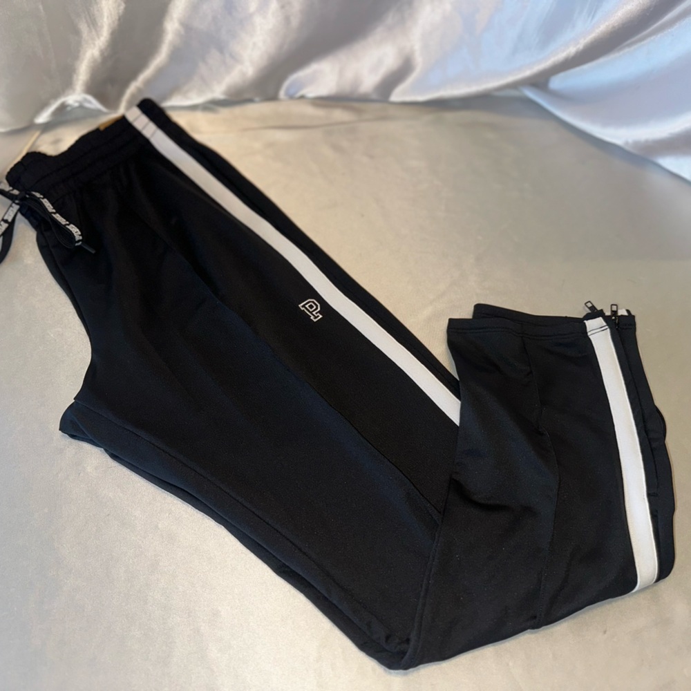 Victorias Secret Pink Track Pants Full Length Black Zip Leg P Logo Embroidered